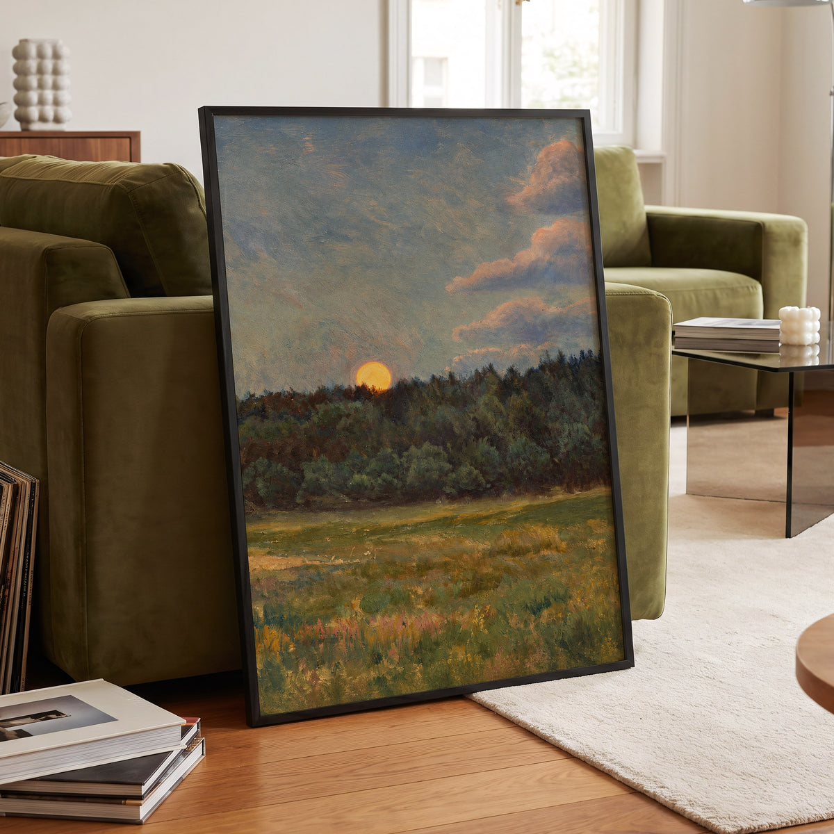 Ember at the Treeline, green, blue, brown nature wall art displayed in a styled interior, gallery view 6
