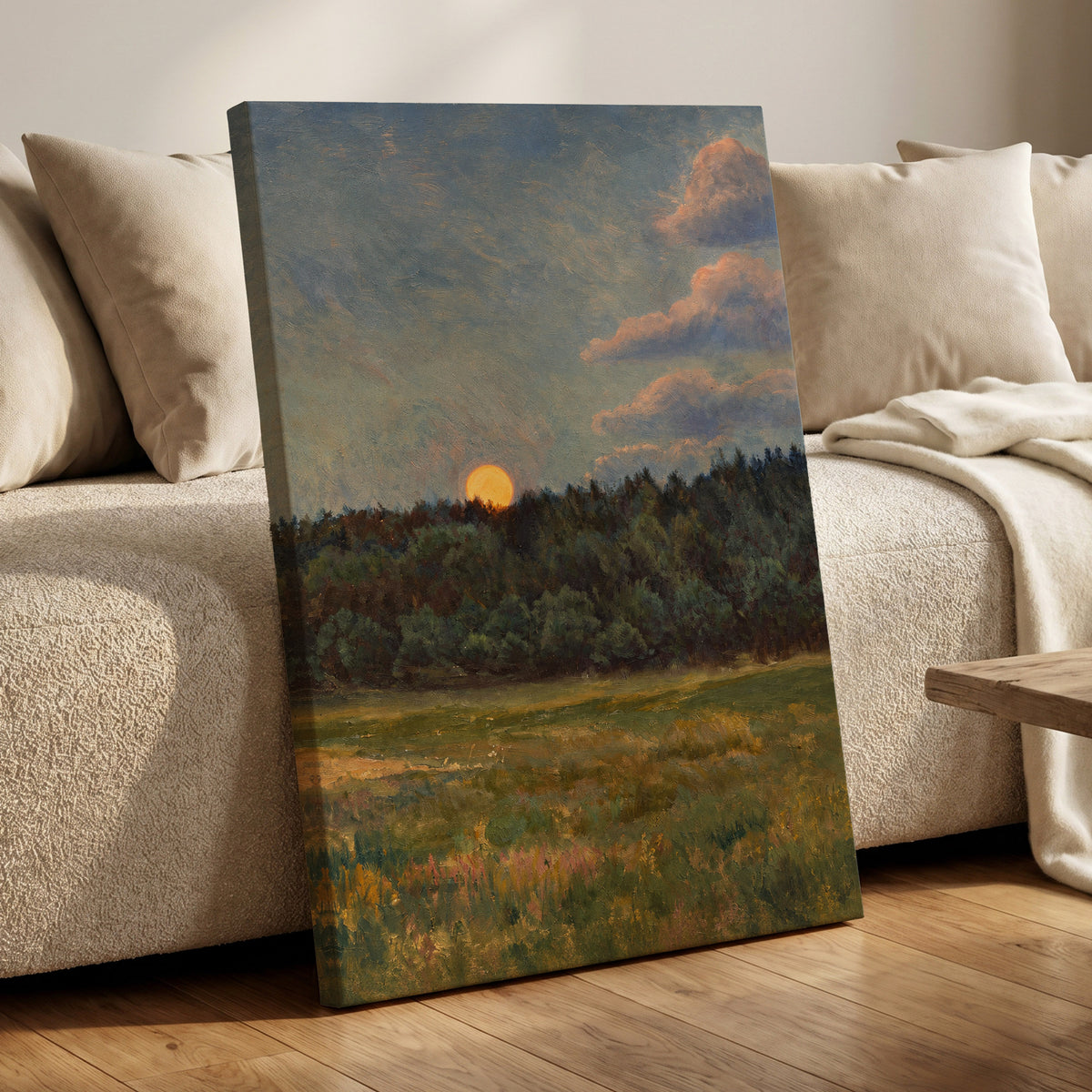 Ember at the Treeline, green, blue, brown nature wall art displayed in a styled interior, gallery view 7