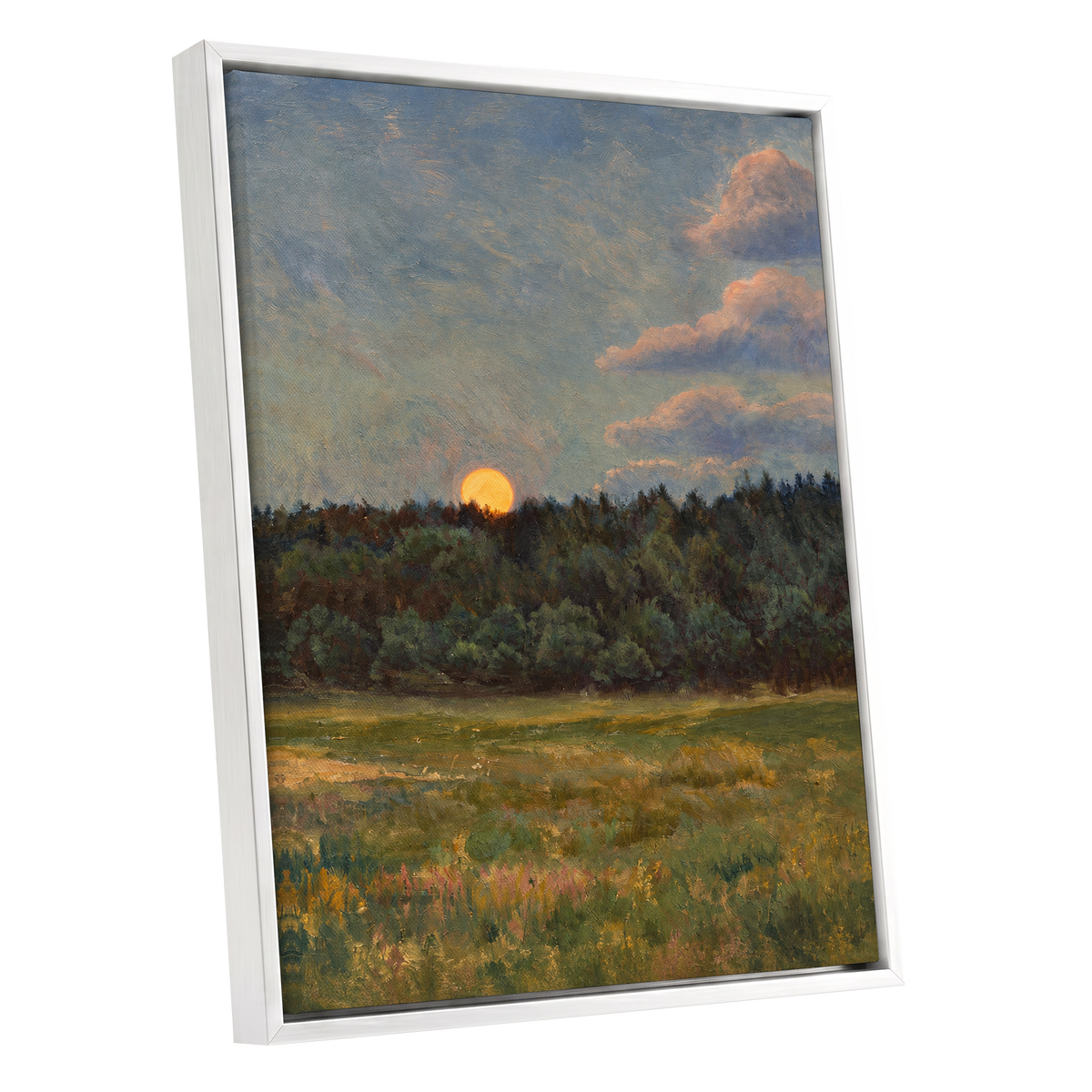 Ember at the Treeline, green, blue, brown nature wall art shown as a white framed canvas wall art