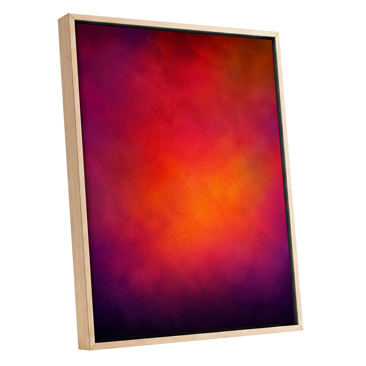 Ember Bloom, orange, red, pink abstract wall art shown as a oak framed canvas wall art