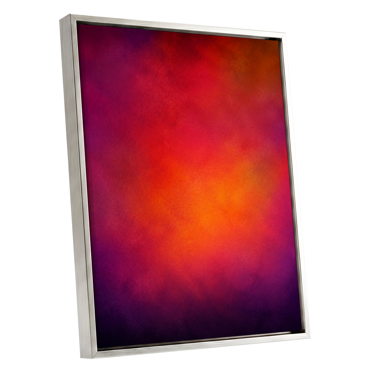Ember Bloom, orange, red, pink abstract wall art shown as a silver framed canvas wall art