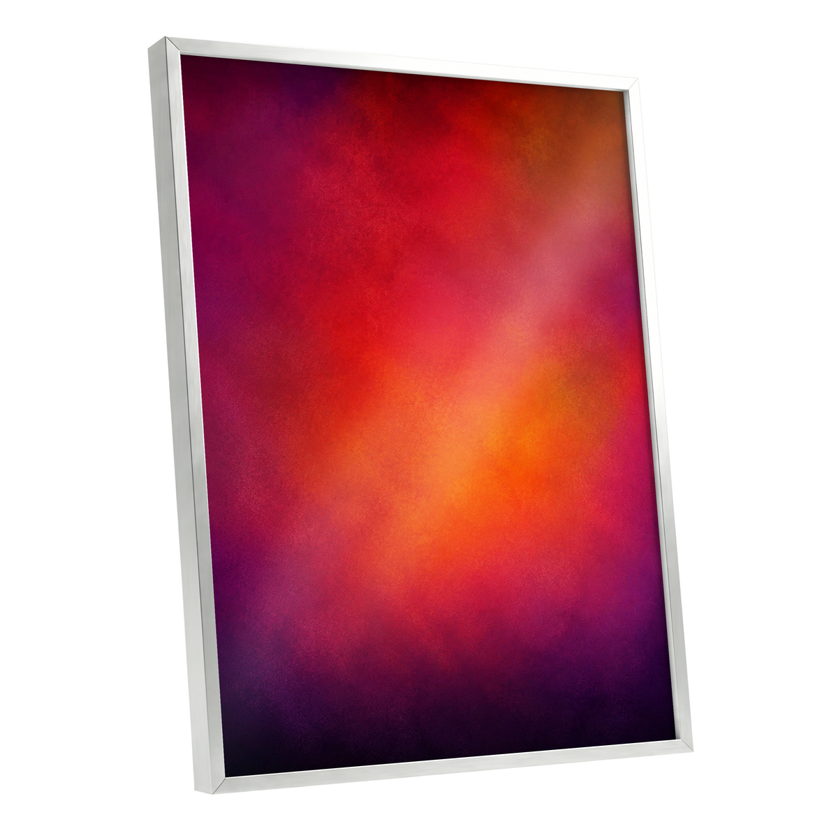 Ember Bloom, orange, red, pink abstract wall art shown as a silver framed poster wall art print