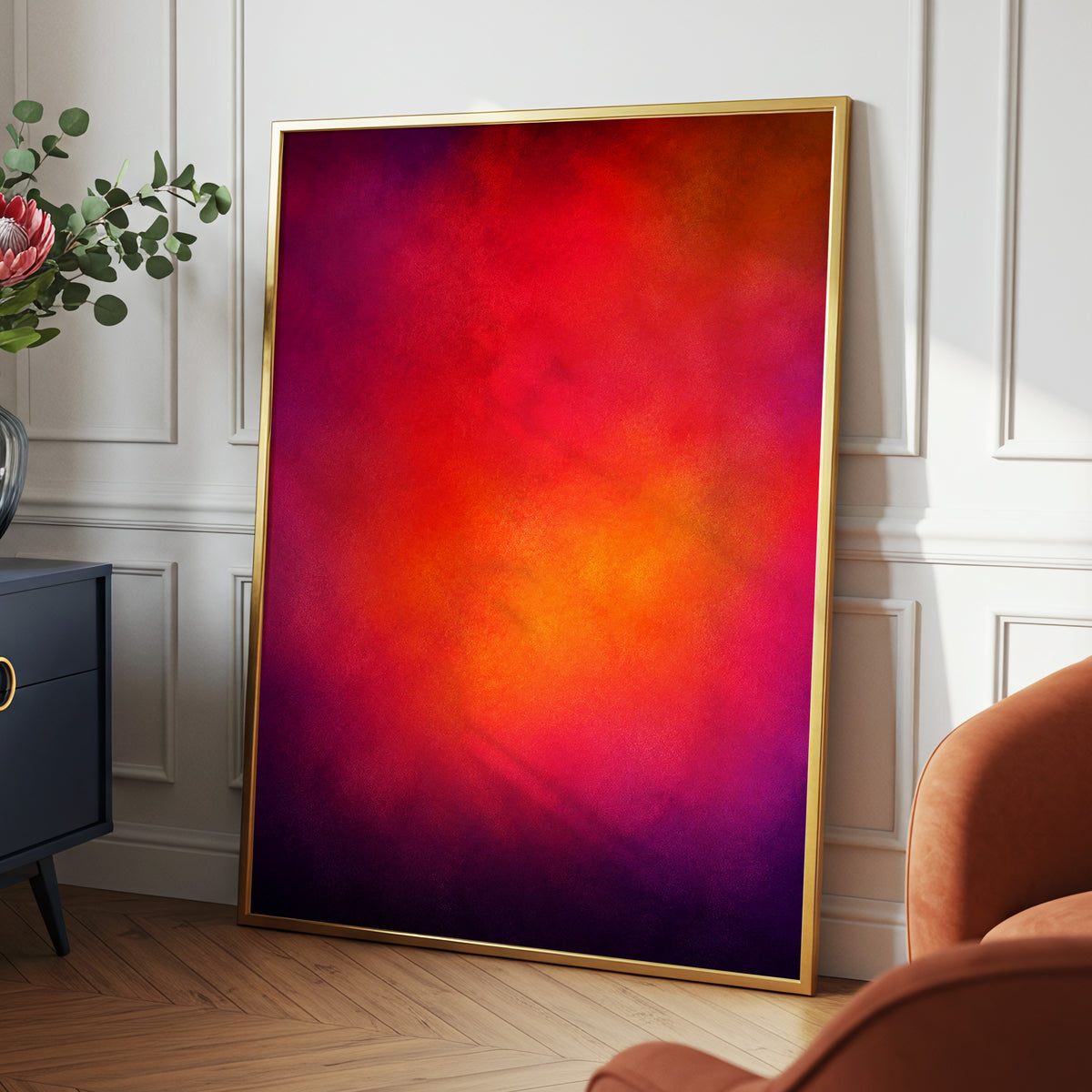 Ember Bloom, orange, red, pink abstract wall art displayed in a styled interior, gallery view 9