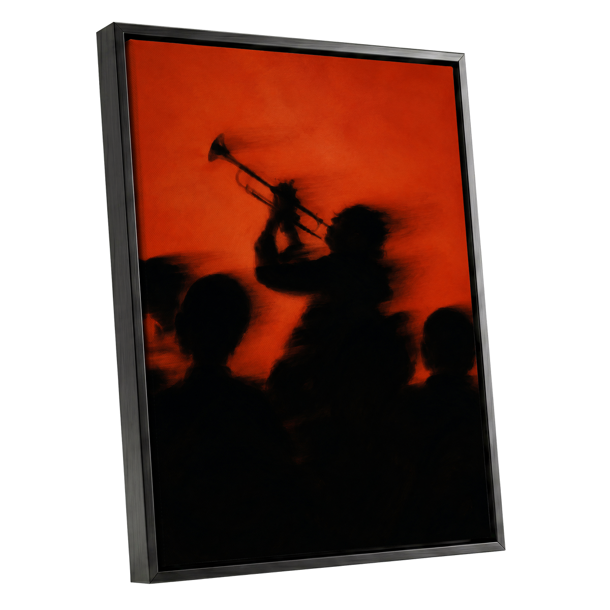 Ember Brass, black, orange, red abstract wall art shown as a black framed canvas wall art