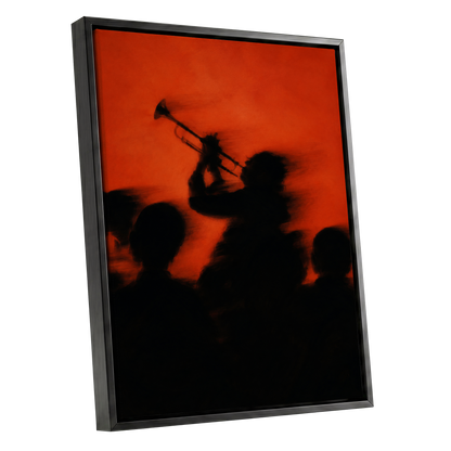 Ember Brass, black, orange, red abstract wall art shown as a black framed canvas wall art