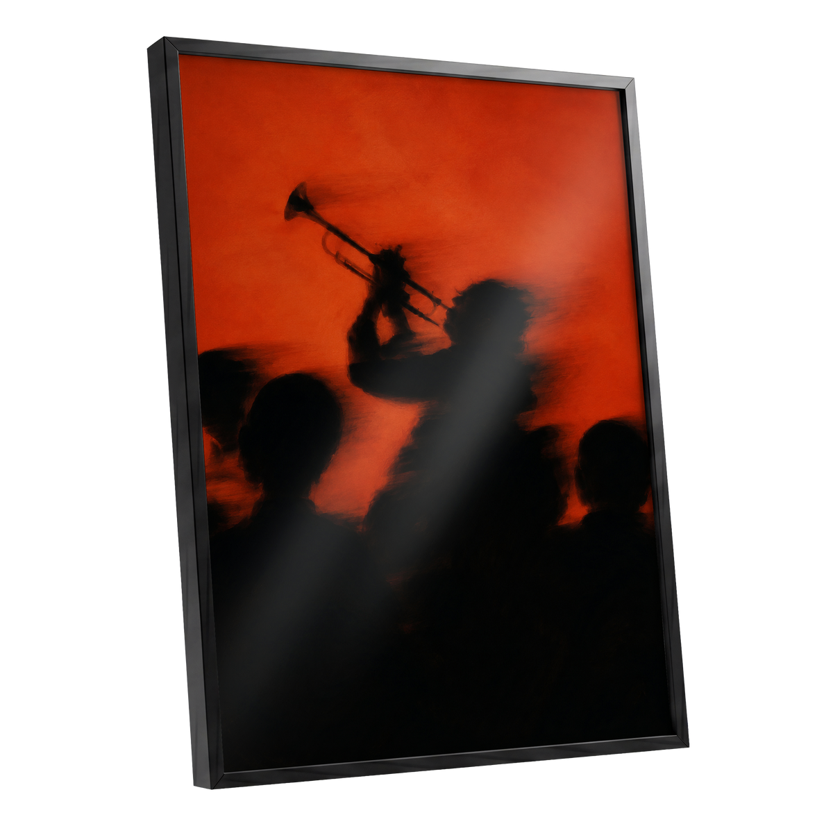 Ember Brass, black, orange, red abstract wall art shown as a black framed poster wall art print