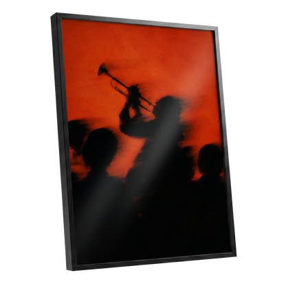 Ember Brass, black, orange, red abstract wall art shown as a black framed poster wall art print