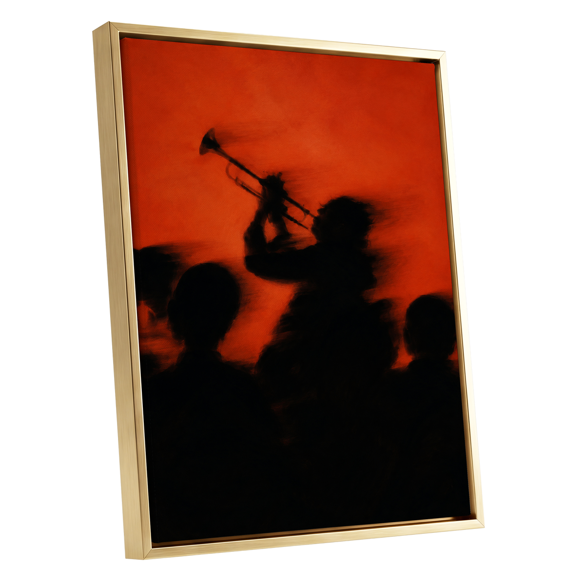 Ember Brass, black, orange, red abstract wall art shown as a gold framed canvas wall art