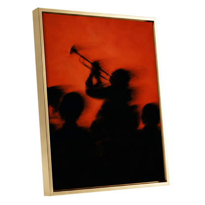 Ember Brass, black, orange, red abstract wall art shown as a gold framed canvas wall art