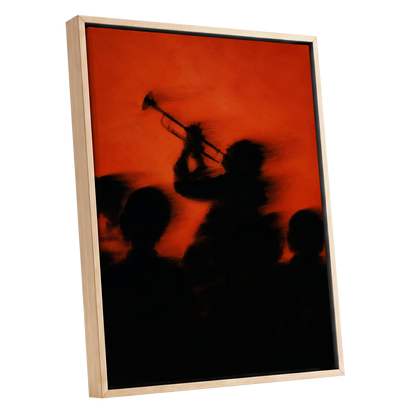 Ember Brass, black, orange, red abstract wall art shown as a oak framed canvas wall art