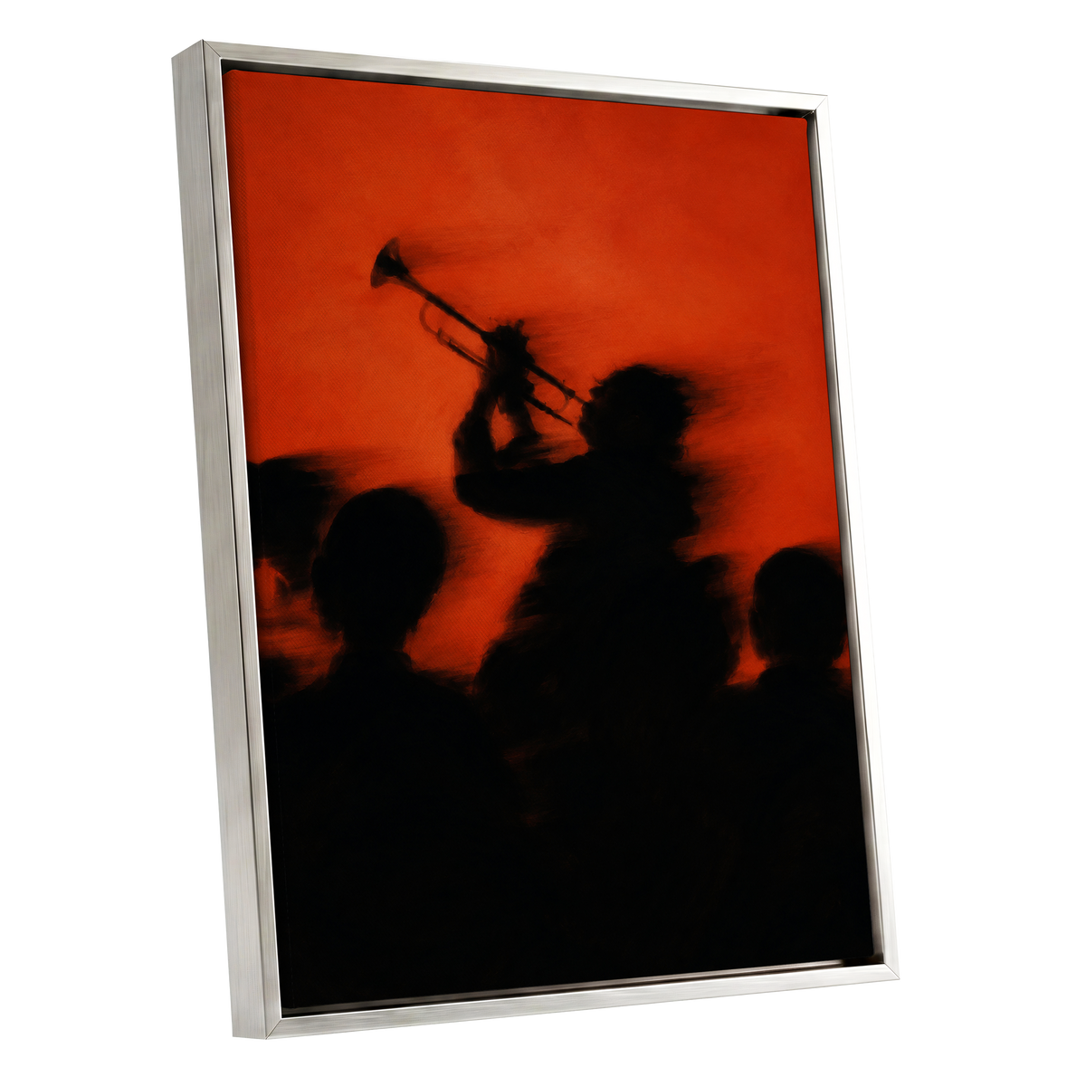 Ember Brass, black, orange, red abstract wall art shown as a silver framed canvas wall art