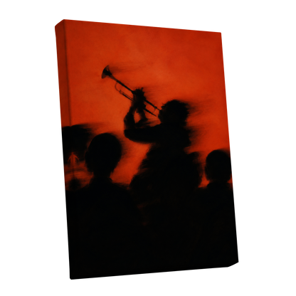 Ember Brass, black, orange, red abstract wall art shown as a stretched canvas wall art