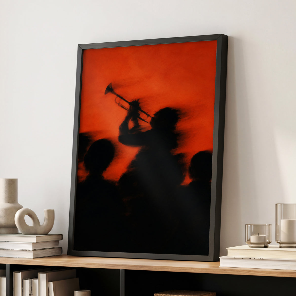 Ember Brass, black, orange, red abstract wall art displayed in a styled interior, gallery view 2