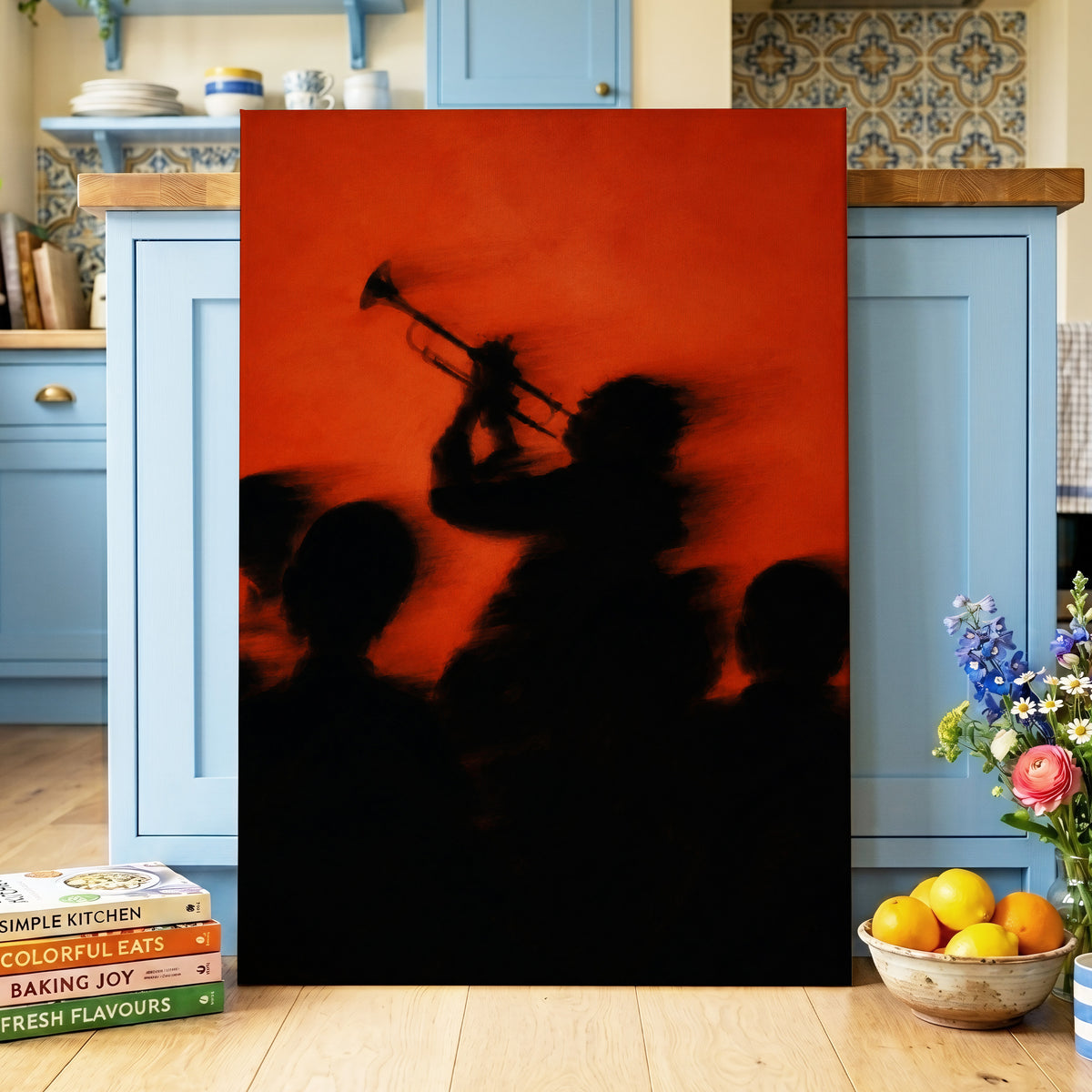 Ember Brass, black, orange, red abstract wall art displayed in a styled interior, gallery view 3
