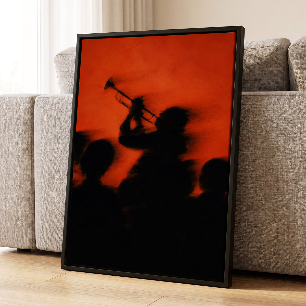Ember Brass, black, orange, red abstract wall art displayed in a styled interior, gallery view 4