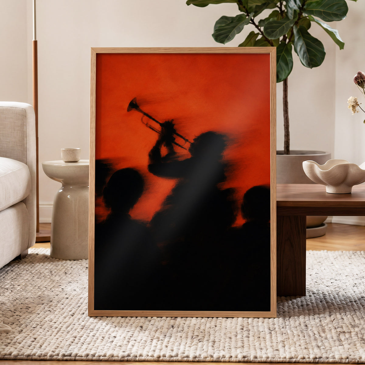 Ember Brass, black, orange, red abstract wall art displayed in a styled interior, gallery view 6