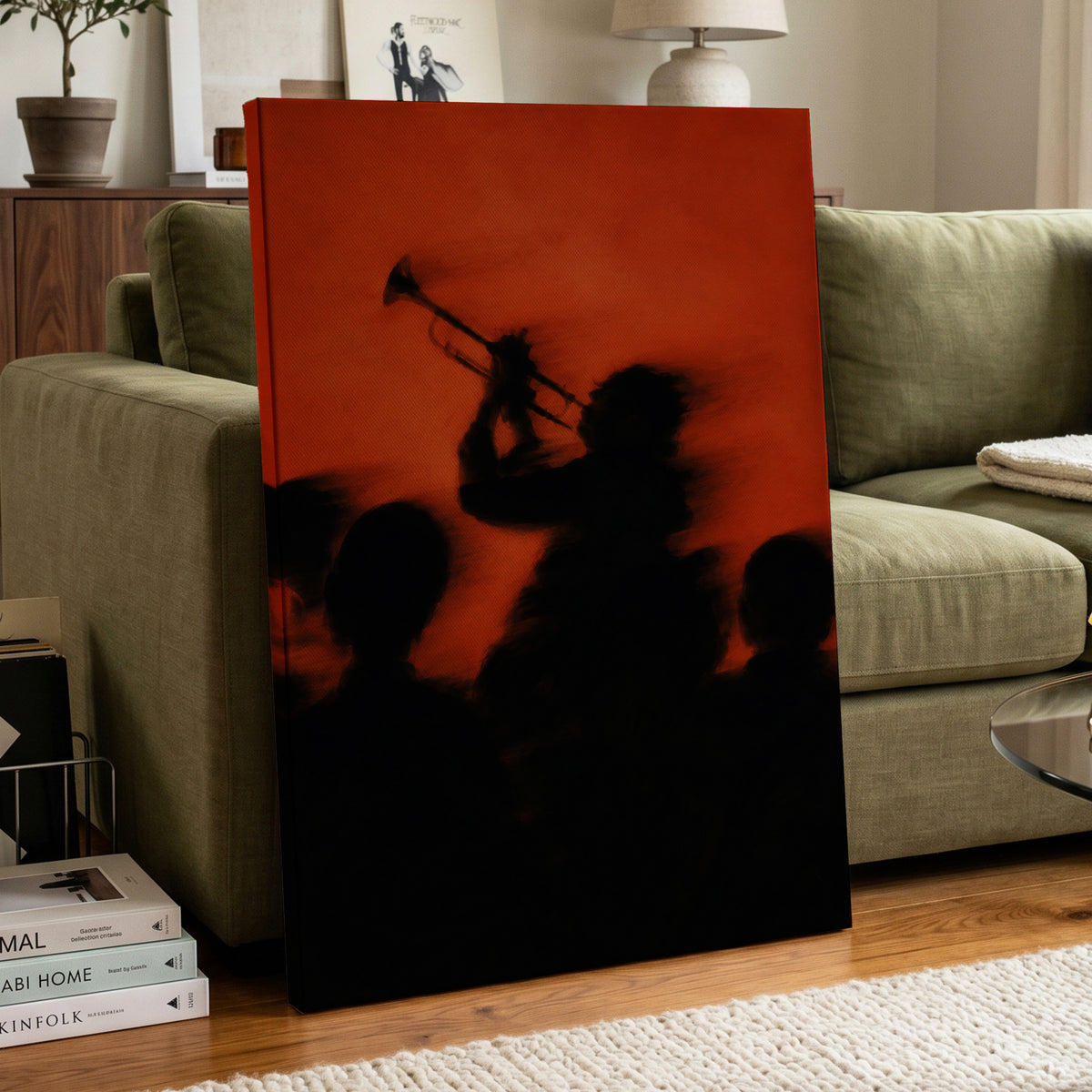 Ember Brass, black, orange, red abstract wall art displayed in a styled interior, gallery view 7