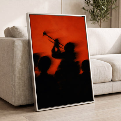 Ember Brass, black, orange, red abstract wall art displayed in a styled interior, gallery view 8