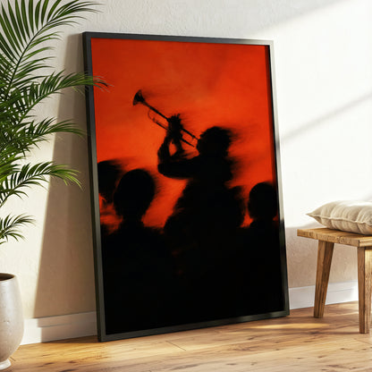 Ember Brass, black, orange, red abstract wall art displayed in a styled interior, gallery view 9