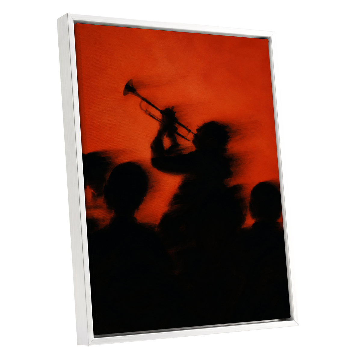 Ember Brass, black, orange, red abstract wall art shown as a white framed canvas wall art