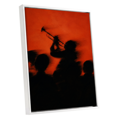Ember Brass, black, orange, red abstract wall art shown as a white framed canvas wall art