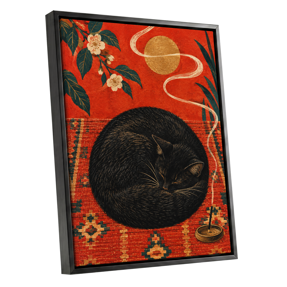 Ember Catnap, black, red, orange nature wall art shown as a black framed canvas wall art