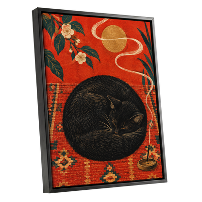 Ember Catnap, black, red, orange nature wall art shown as a black framed canvas wall art