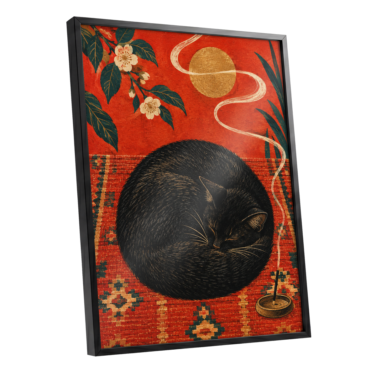 Ember Catnap, black, red, orange nature wall art shown as a black framed poster wall art print