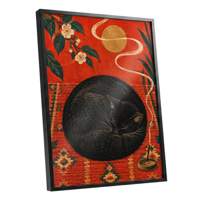 Ember Catnap, black, red, orange nature wall art shown as a black framed poster wall art print
