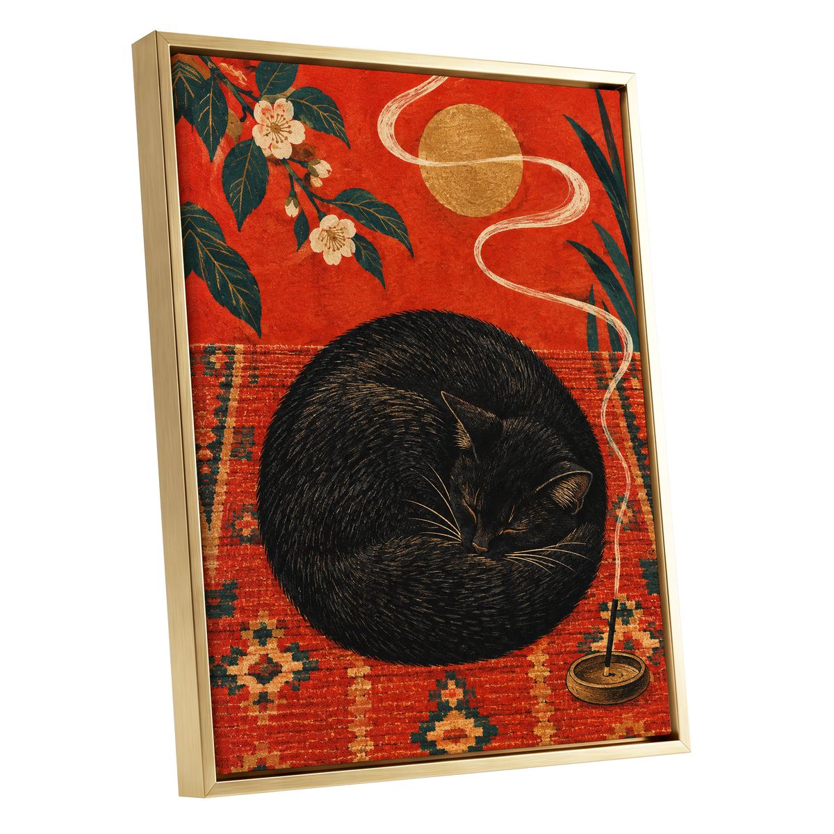 Ember Catnap, black, red, orange nature wall art shown as a gold framed canvas wall art