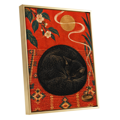 Ember Catnap, black, red, orange nature wall art shown as a gold framed canvas wall art