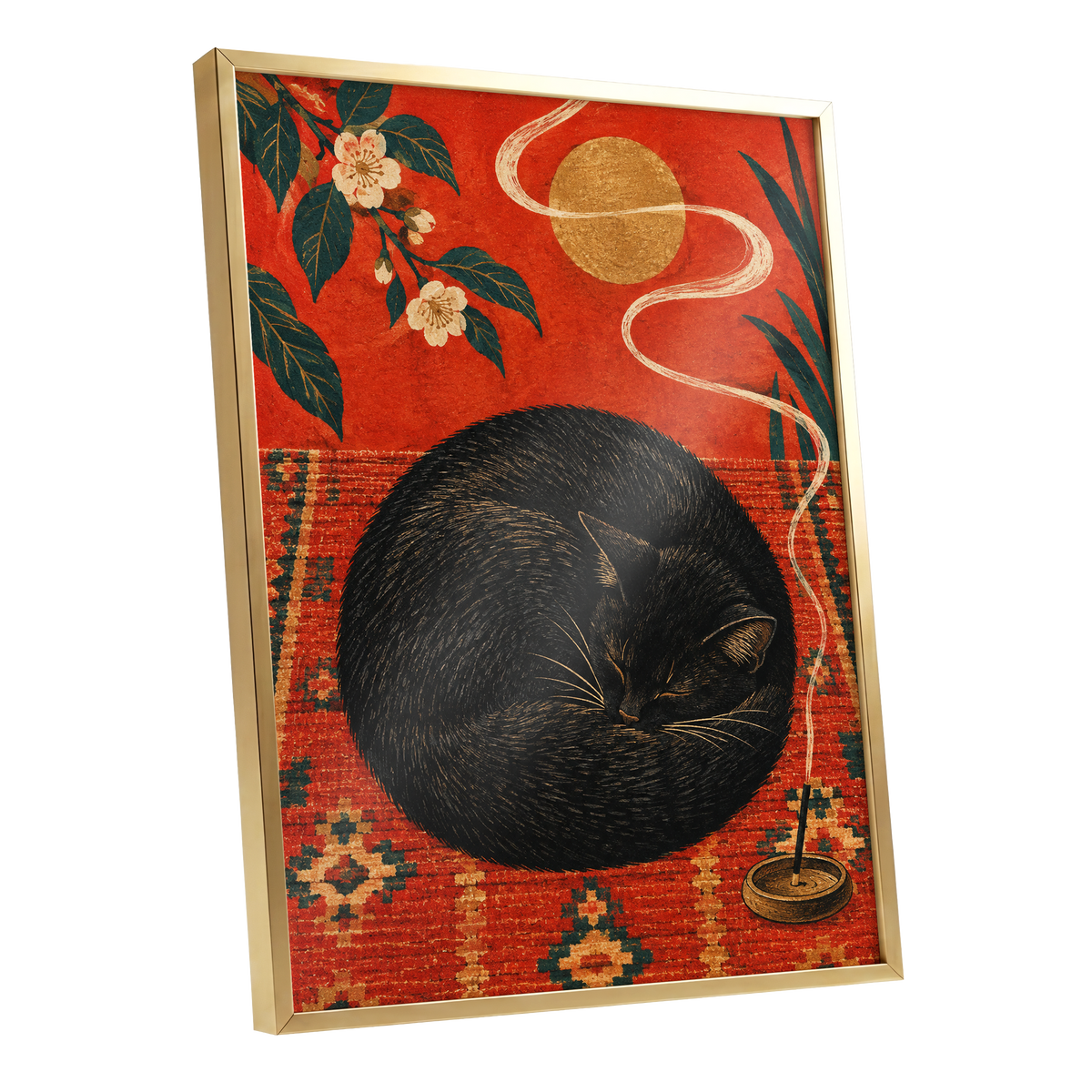 Ember Catnap, black, red, orange nature wall art shown as a gold framed poster wall art print
