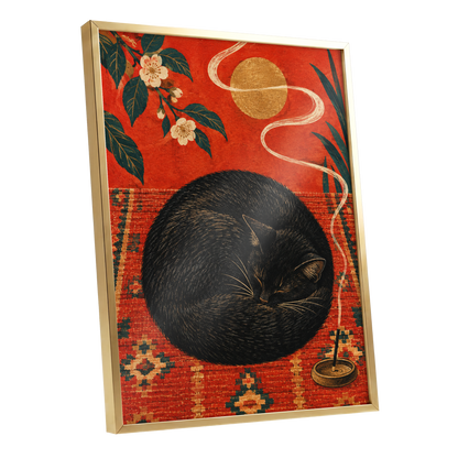 Ember Catnap, black, red, orange nature wall art shown as a gold framed poster wall art print