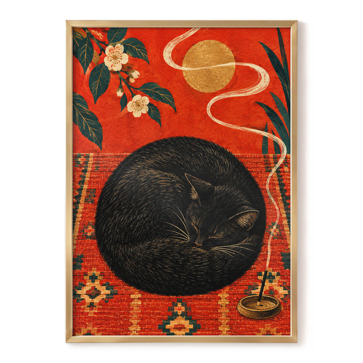 Ember Catnap, black, red, orange nature wall art, front artwork view