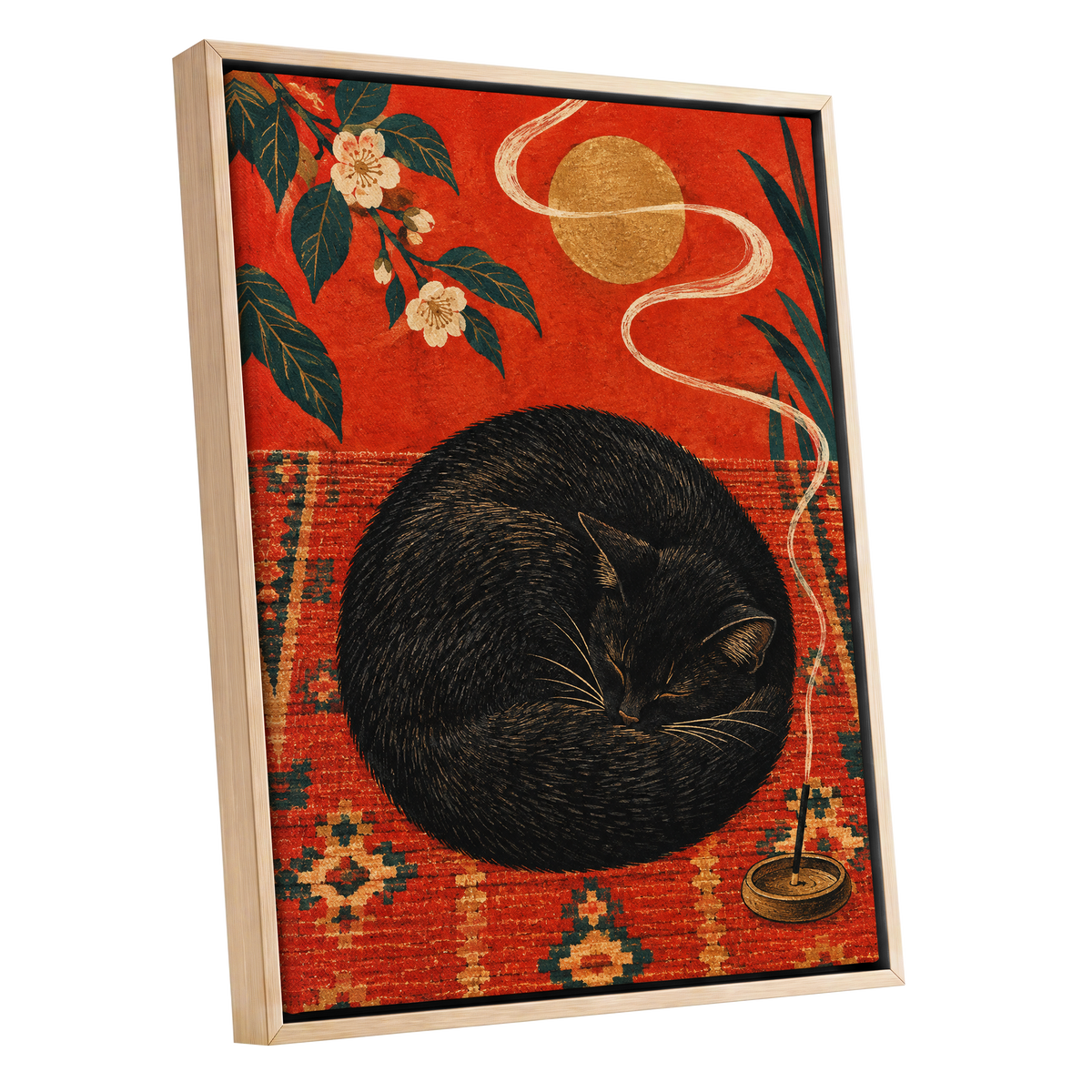 Ember Catnap, black, red, orange nature wall art shown as a oak framed canvas wall art