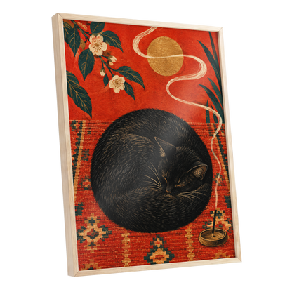 Ember Catnap, black, red, orange nature wall art shown as a oak framed poster wall art print