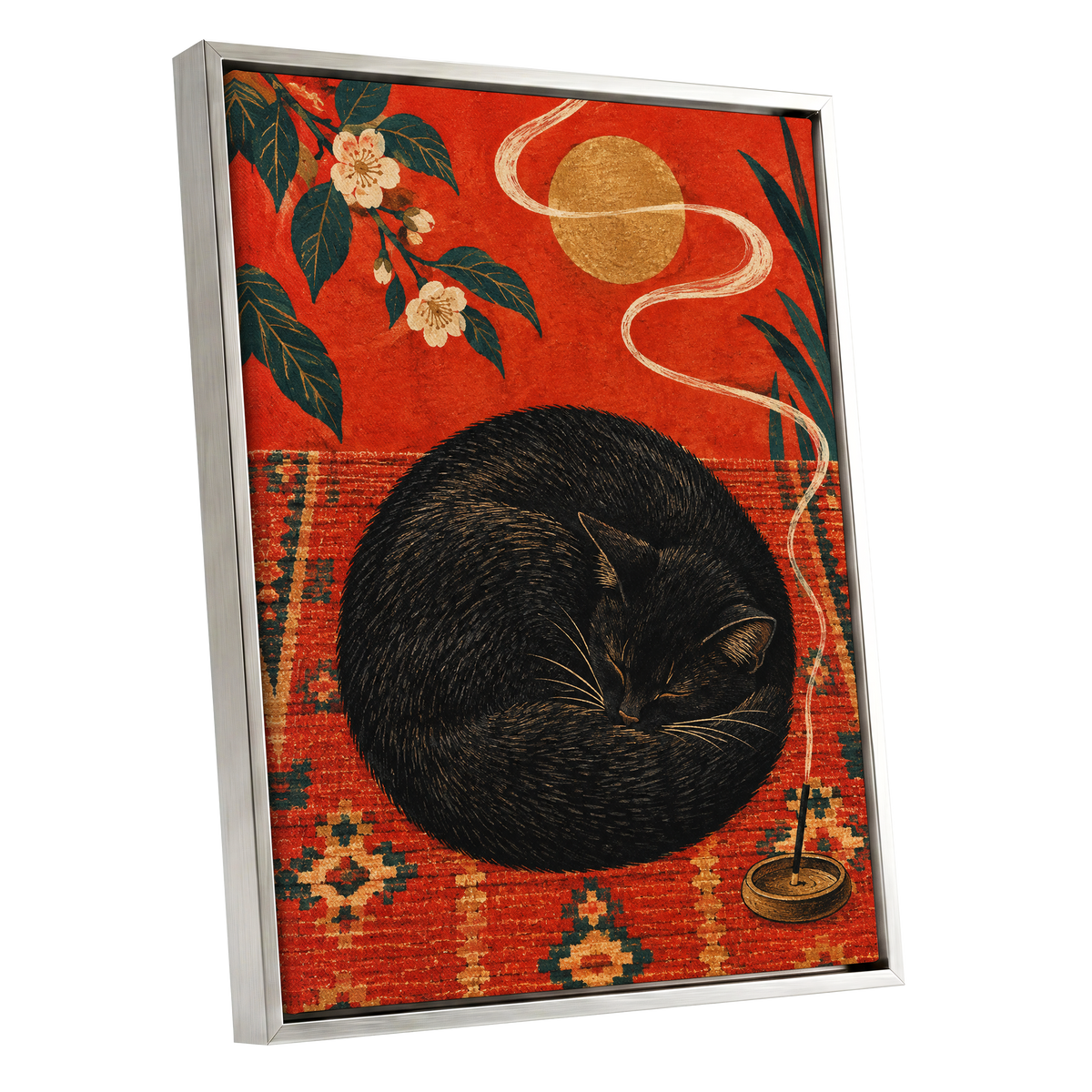 Ember Catnap, black, red, orange nature wall art shown as a silver framed canvas wall art