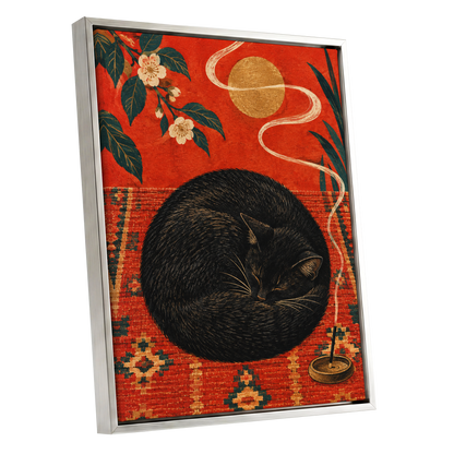 Ember Catnap, black, red, orange nature wall art shown as a silver framed canvas wall art