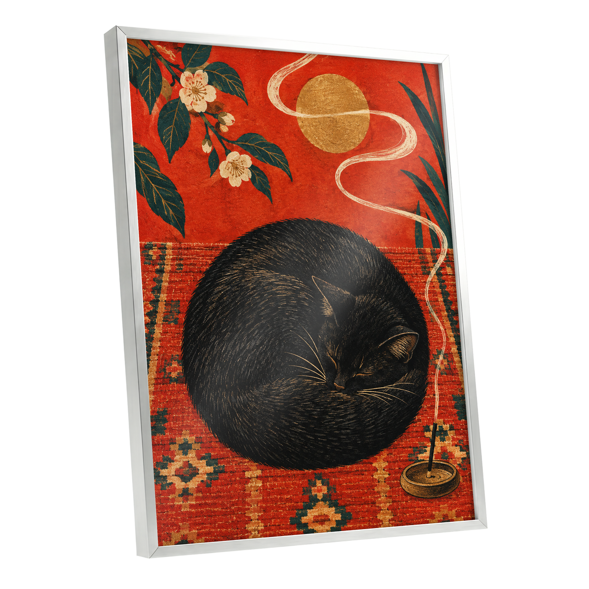 Ember Catnap, black, red, orange nature wall art shown as a silver framed poster wall art print