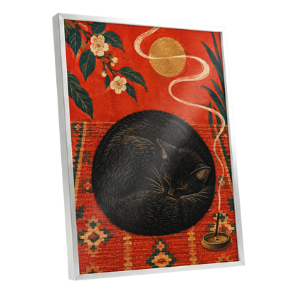 Ember Catnap, black, red, orange nature wall art shown as a silver framed poster wall art print