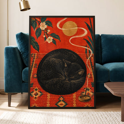 Ember Catnap, black, red, orange nature wall art displayed in a styled interior, gallery view 2