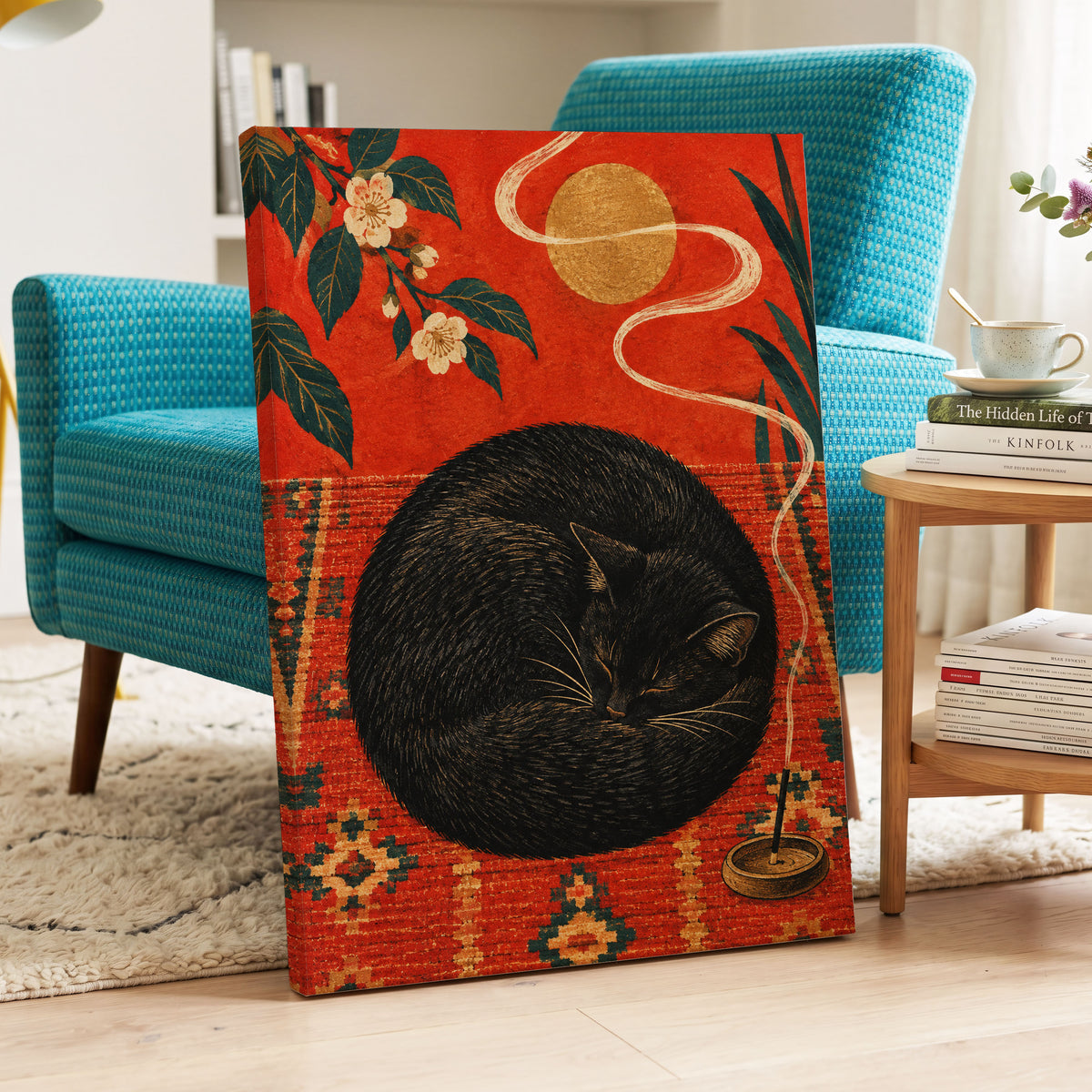 Ember Catnap, black, red, orange nature wall art displayed in a styled interior, gallery view 3