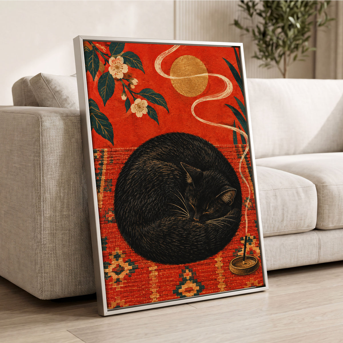 Ember Catnap, black, red, orange nature wall art displayed in a styled interior, gallery view 4
