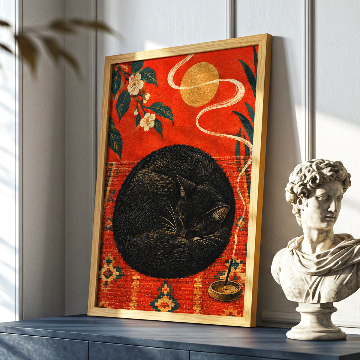 Ember Catnap, black, red, orange nature wall art displayed in a styled interior, gallery view 6
