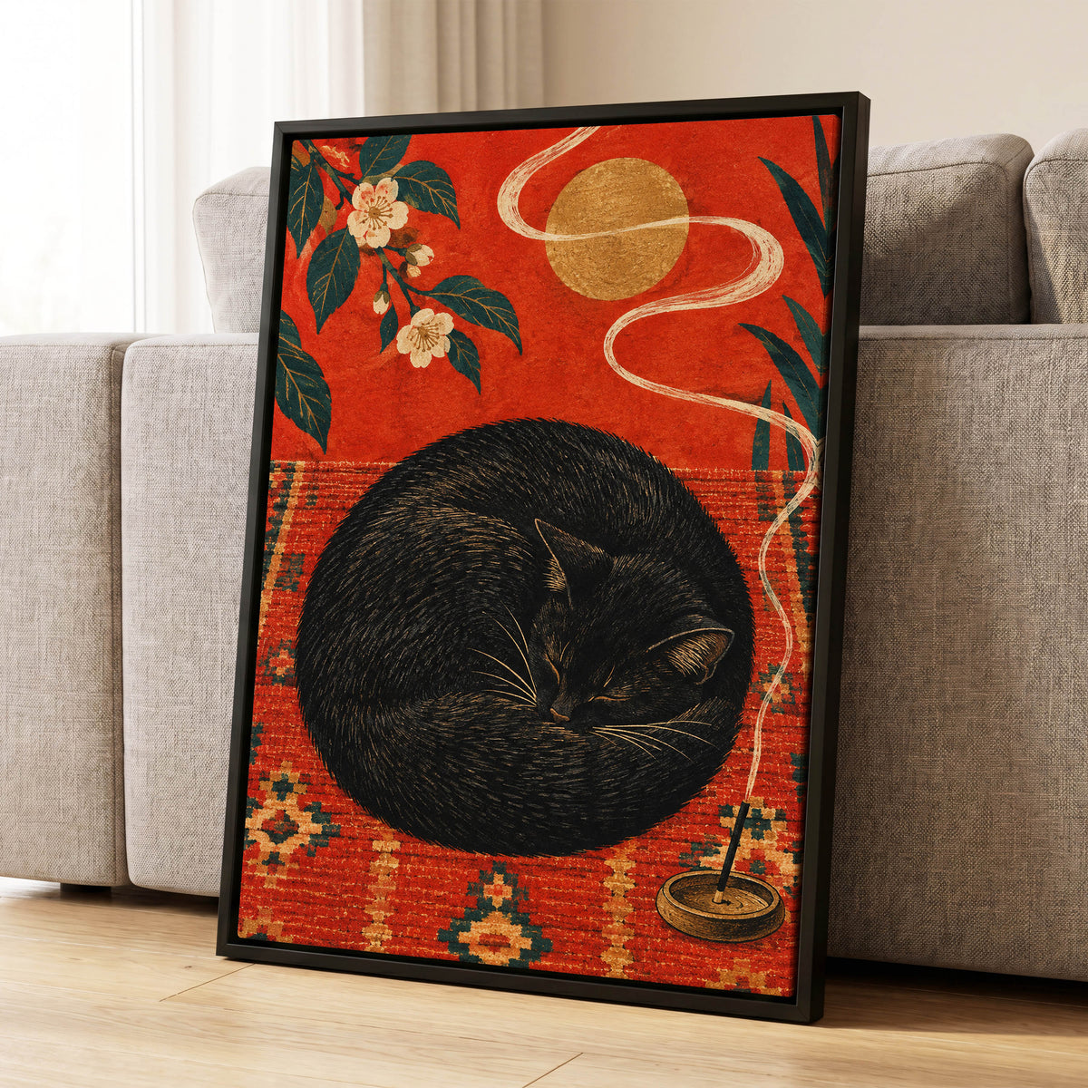 Ember Catnap, black, red, orange nature wall art displayed in a styled interior, gallery view 8