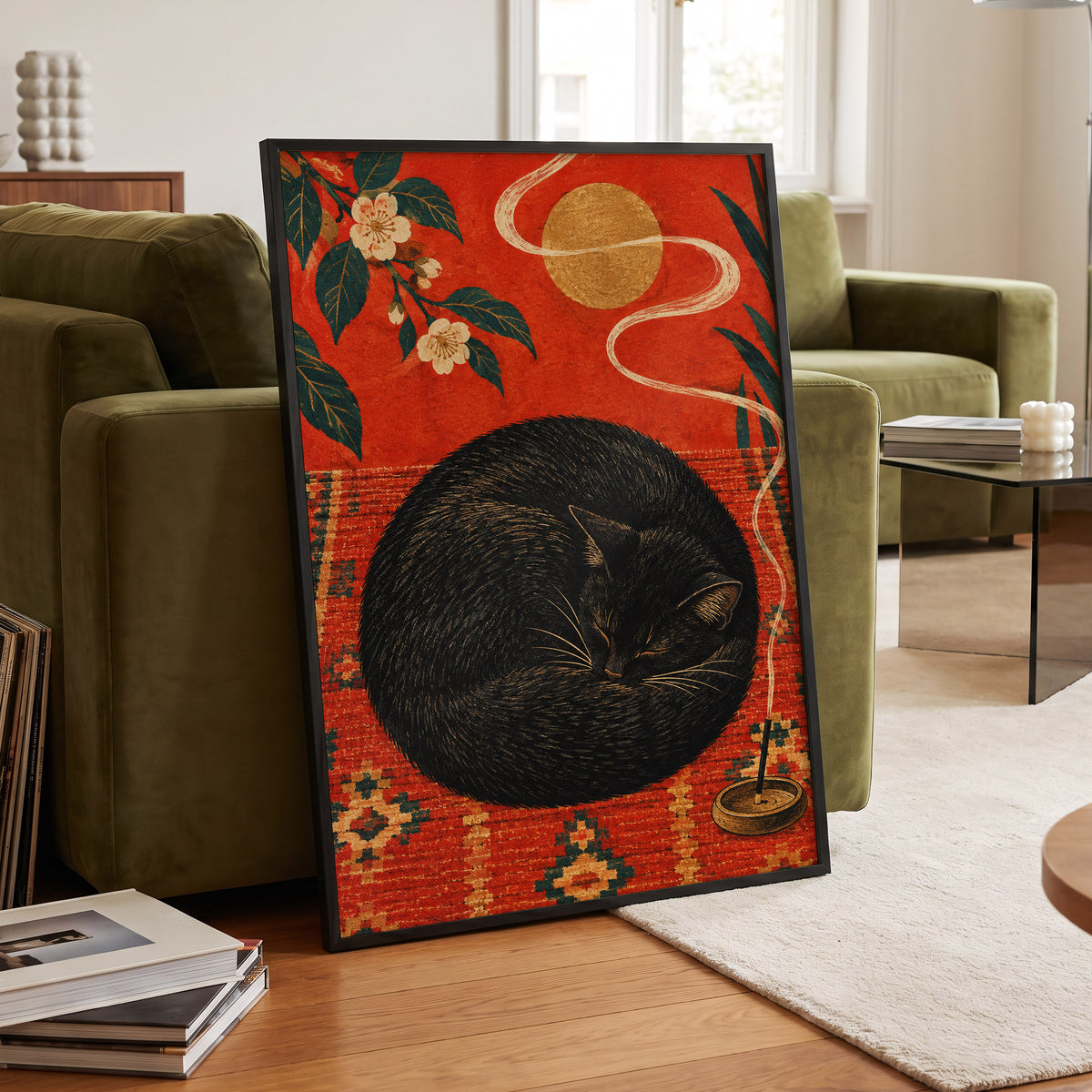 Ember Catnap, black, red, orange nature wall art displayed in a styled interior, gallery view 9