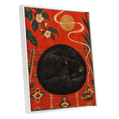 Ember Catnap, black, red, orange nature wall art shown as a white framed canvas wall art