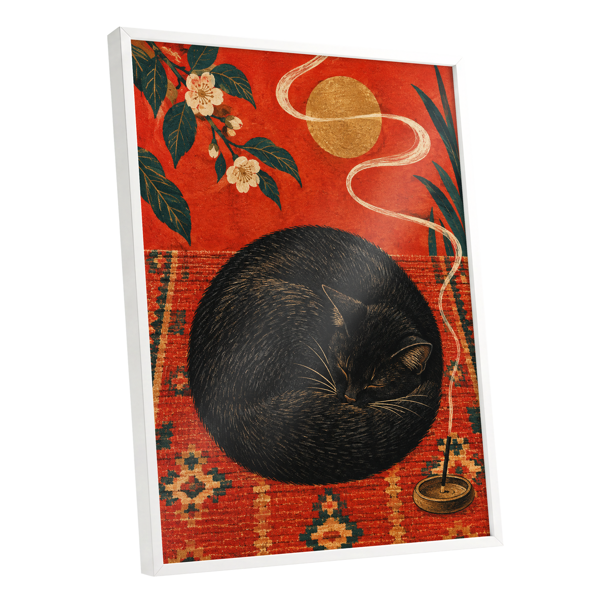 Ember Catnap, black, red, orange nature wall art shown as a white framed poster wall art print