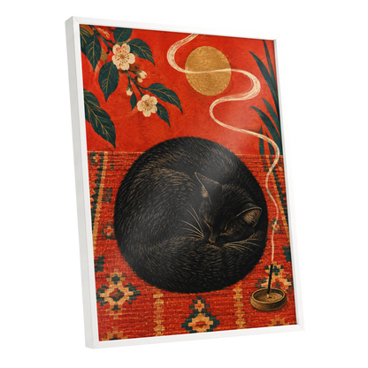 Ember Catnap, black, red, orange nature wall art shown as a white framed poster wall art print