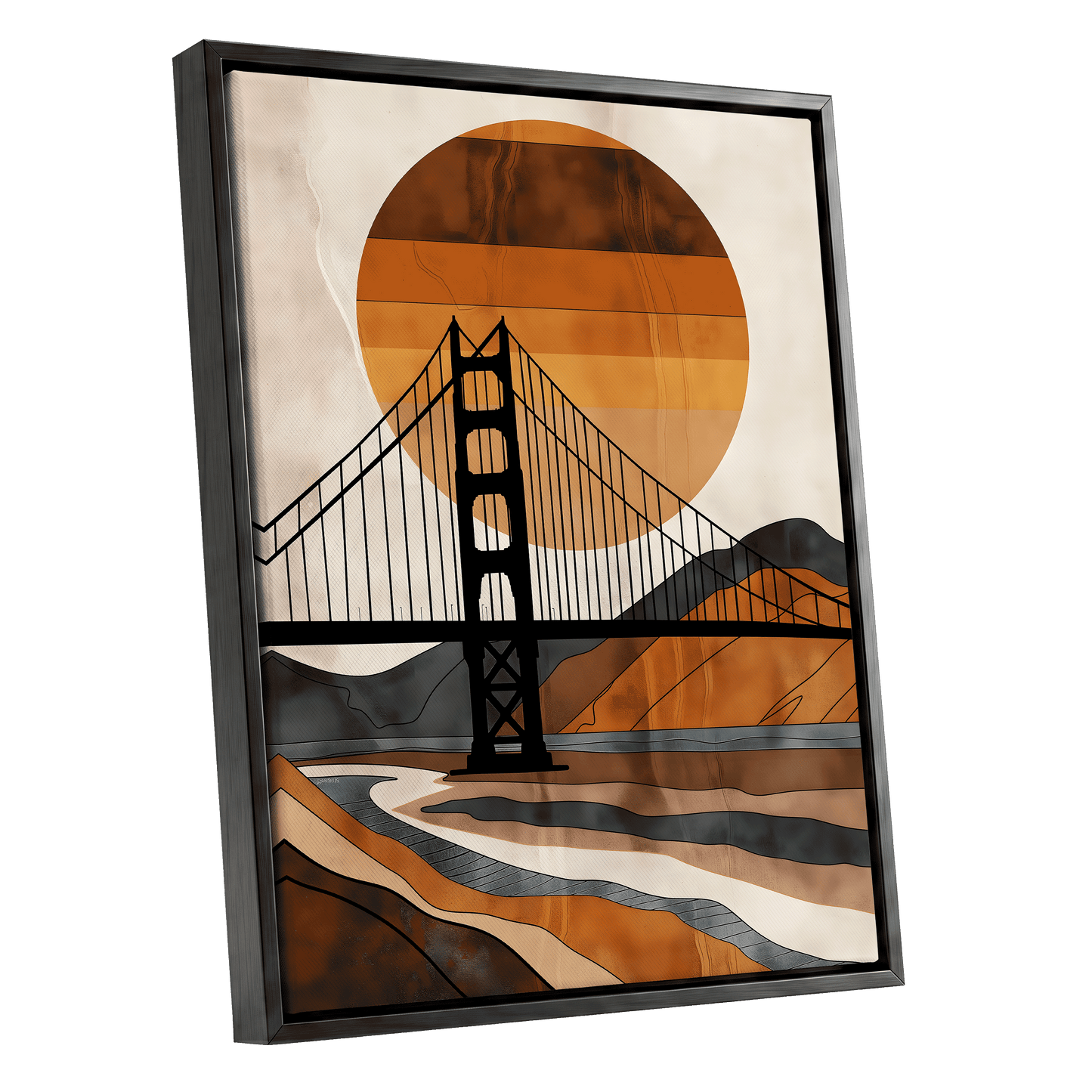 Ember Crossing, black, beige, orange minimalist wall art shown as a black framed canvas wall art